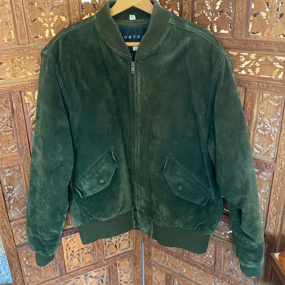 Context Men’s Large Tall Olive Leather Suede Baseball Bomber Jacket